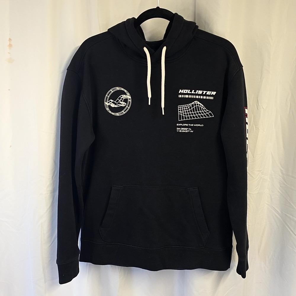 Hollister Mens sz M Sweatshirt Hoodie Black Explore Mountain Graphic Pullover
